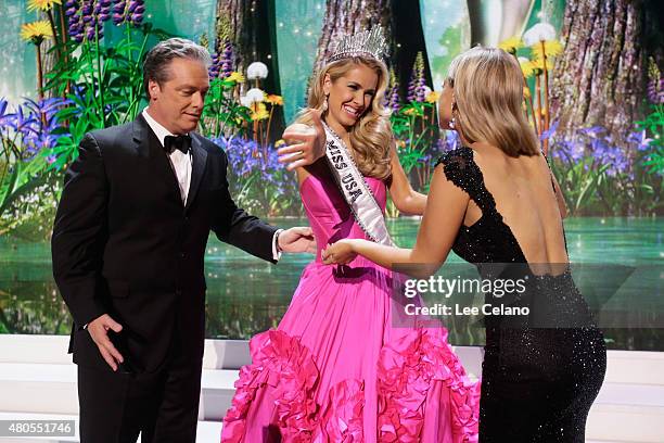 Todd Newton, Miss USA Olivia Jordan of Oklahoma, and Former Miss Wisconsin Alex Wehrley on stage at the 2015 Miss USA Pageant Only On ReelzChannel at...