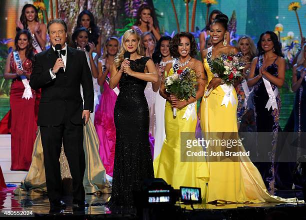 Hosts Todd Newton and Former Miss Wisconsin Alex Wehrley speak on stage with Miss Congeniality winners Miss Alaska Kimberly Dawn Agron and Miss...