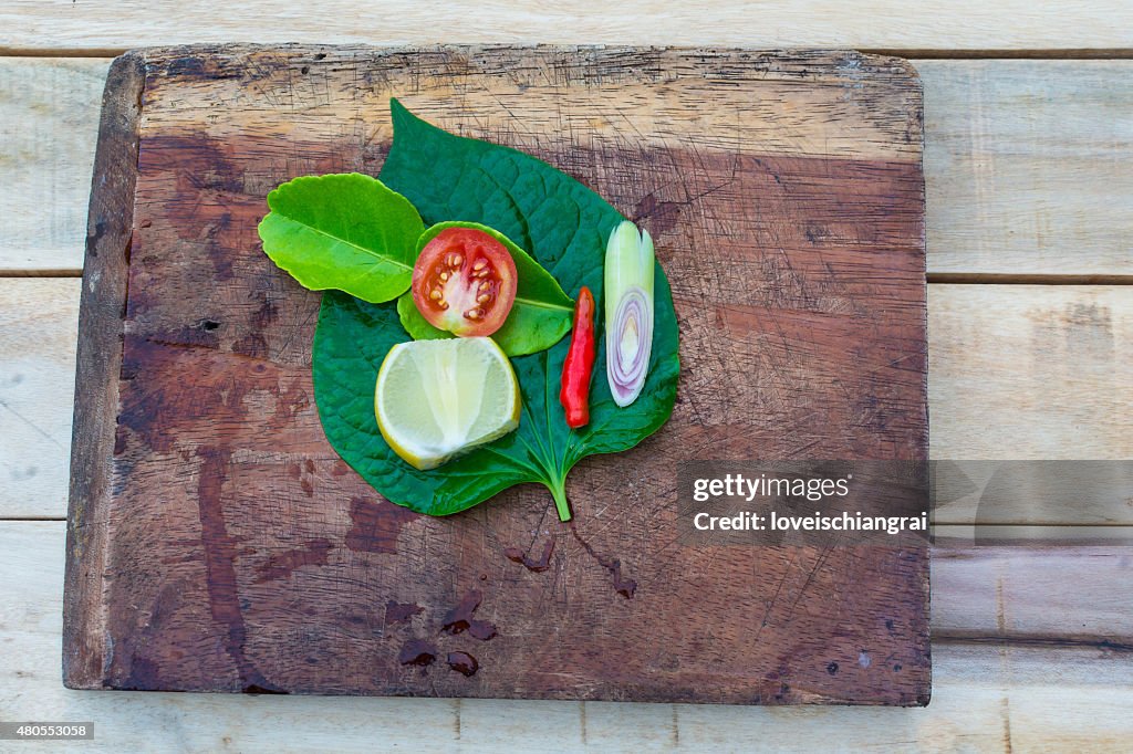 Set of fresh asian herbs on wood