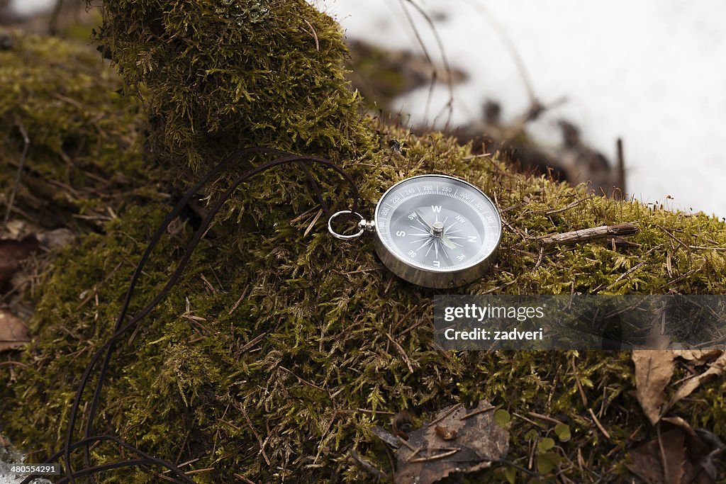 Compass in winter forest