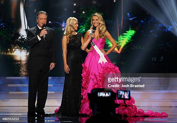 Hosts Todd Newton and Former Miss Wisconsin Alex Wehrley speak onstage with Miss Oklahoma Olivia Jordan at the 2015 Miss USA Pageant Only On...