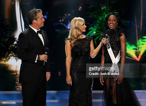 Hosts Todd Newton and Former Miss Wisconsin Alex Wehrley speak onstage with Miss Maryland Mame Adjei at the 2015 Miss USA Pageant Only On...