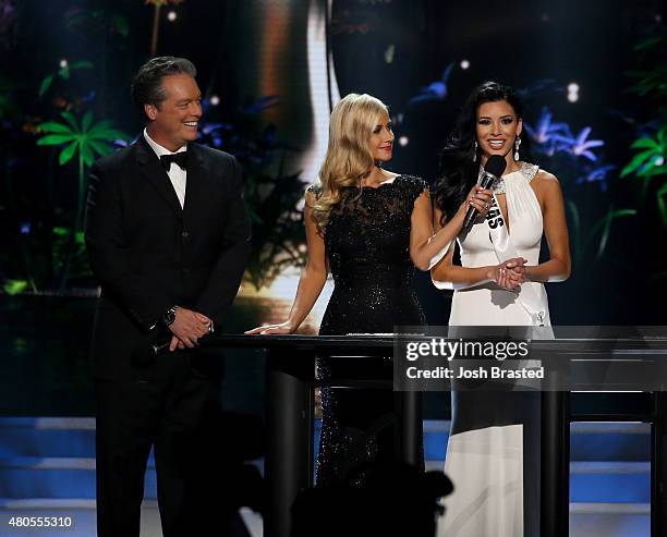 Hosts Todd Newton and Former Miss Wisconsin Alex Wehrley speak onstage with Miss Texas Ylianna Guerra at the 2015 Miss USA Pageant Only On...