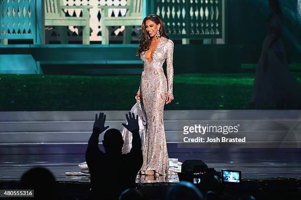 Miss Nevada Brittany McGowan walks onstage at the 2015 Miss USA Pageant Only On ReelzChannel at The Baton Rouge River Center on July 12, 2015 in...
