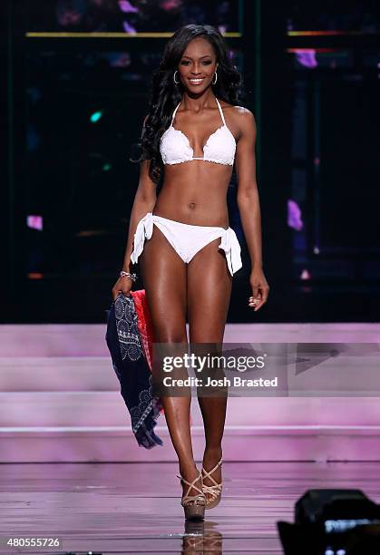 Miss Maryland Mame Adjei walks onstage at the 2015 Miss USA Pageant Only On ReelzChannel at The Baton Rouge River Center on July 12, 2015 in Baton...