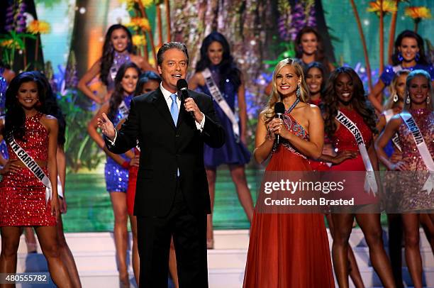 Hosts Todd Newton and Former Miss Wisconsin Alex Wehrley speak onstage at the 2015 Miss USA Pageant Only On ReelzChannel at The Baton Rouge River...