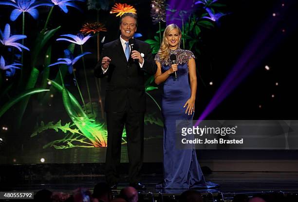 Hosts Todd Newton and Former Miss Wisconsin Alex Wehrley speak onstage at the 2015 Miss USA Pageant Only On ReelzChannel at The Baton Rouge River...