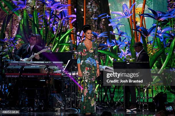 Miss USA 2010 Rima Fakih poses onstage at the 2015 Miss USA Pageant Only On ReelzChannel at The Baton Rouge River Center on July 12, 2015 in Baton...