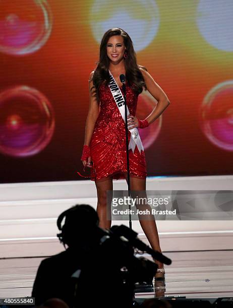 Miss Wyoming Caroline Scott 2015 Haley Laundrie poses onstage at 2015 Miss USA Pageant Only On ReelzChannel at The Baton Rouge River Center on July...