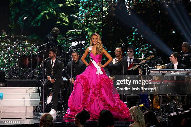 Miss Oklahoma Olivia Jordan poses onstage at the 2015 Miss USA Pageant Only On ReelzChannel at The Baton Rouge River Center on July 12, 2015 in Baton...