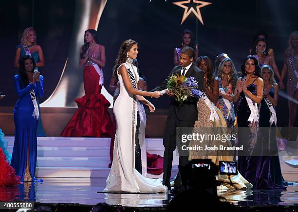 Miss Rhode Island Anea Garcia walks onstage at the 2015 Miss USA Pageant Only On ReelzChannel at The Baton Rouge River Center on July 12, 2015 in...