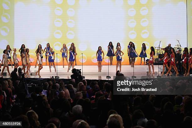 Miss USA contestants onstage at 2015 Miss USA Pageant Only On ReelzChannel at The Baton Rouge River Center on July 12, 2015 in Baton Rouge, Louisiana.
