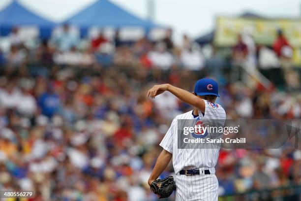 Tsuyoshi Wada of the Chicago Cubs pitches during a game against the Los Angeles Angels of Anaheim at Cubs Park on March 25, 2014 in Mesa, Arizona....