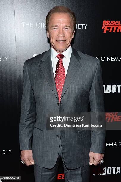Actor Arnold Schwarzenegger attends The Cinema Society with Muscle & Fitness screening of Open Road Films' "Sabotage" at AMC Loews Lincoln Square on...