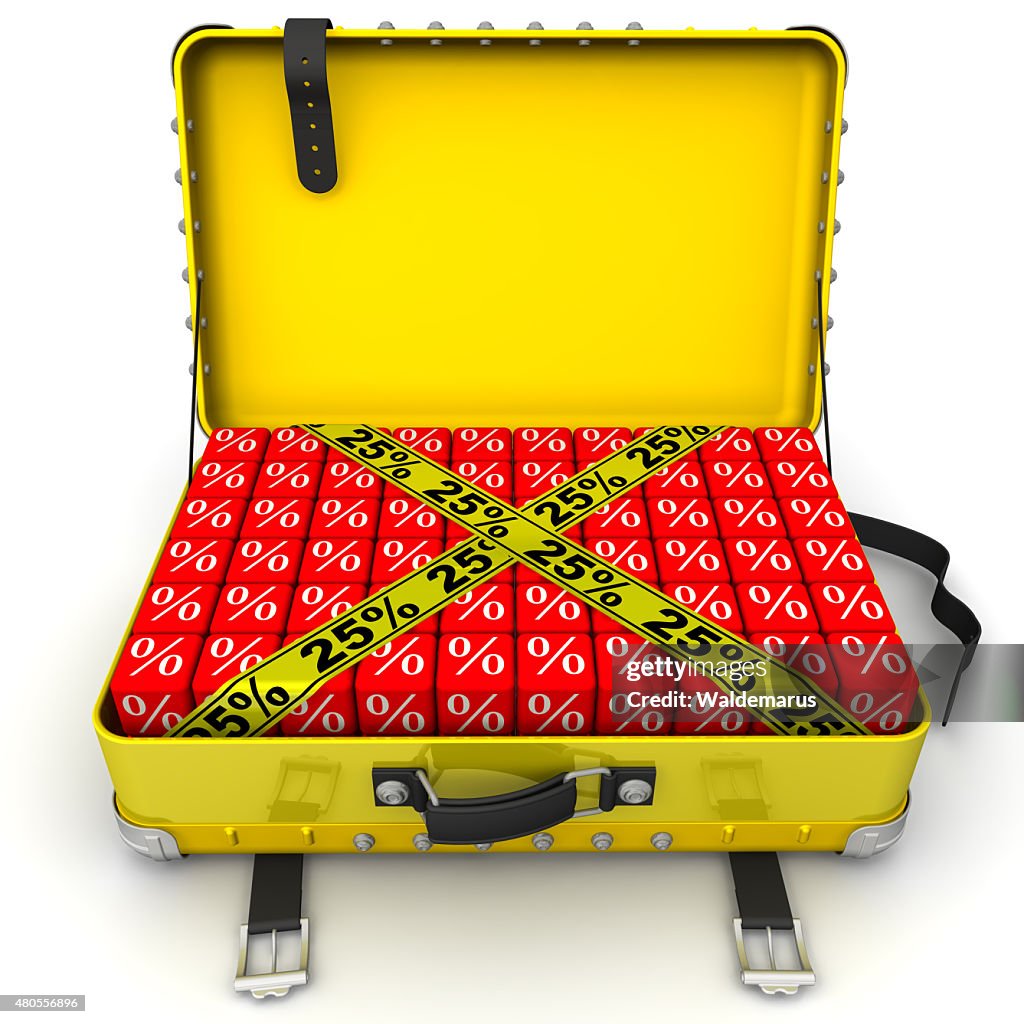 Suitcase filled with discount of 25%. Financial concept