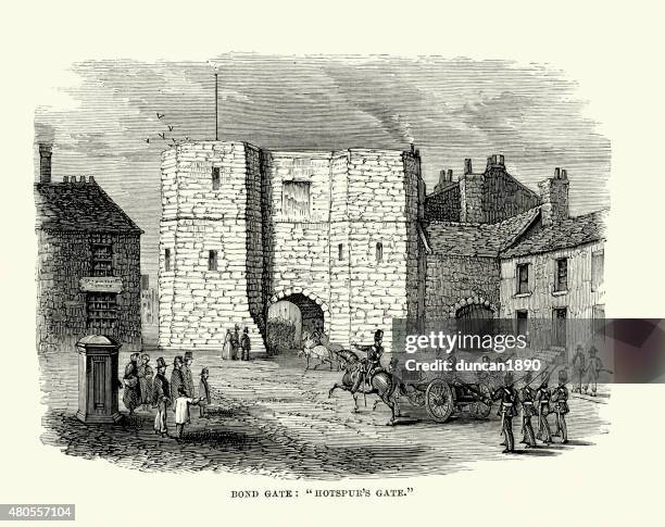 ilustraciones, imágenes clip art, dibujos animados e iconos de stock de castillo de alnwick-bond o hotspur's gate - alnwick castle