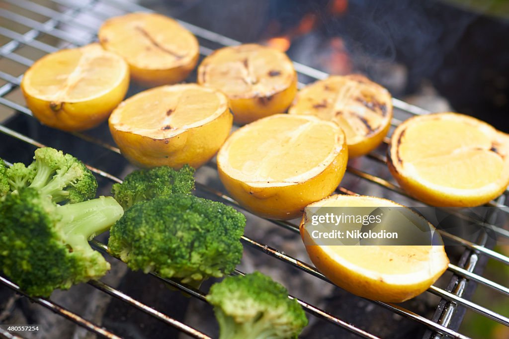 Lemons, broccoli, grilled