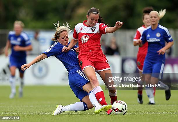 Caroline Weir of Bristol is tackled by Gemma Davison of Chelsea during the WSL match between Chelsea Ladies FC and Bristol Academy Women on July 12,...