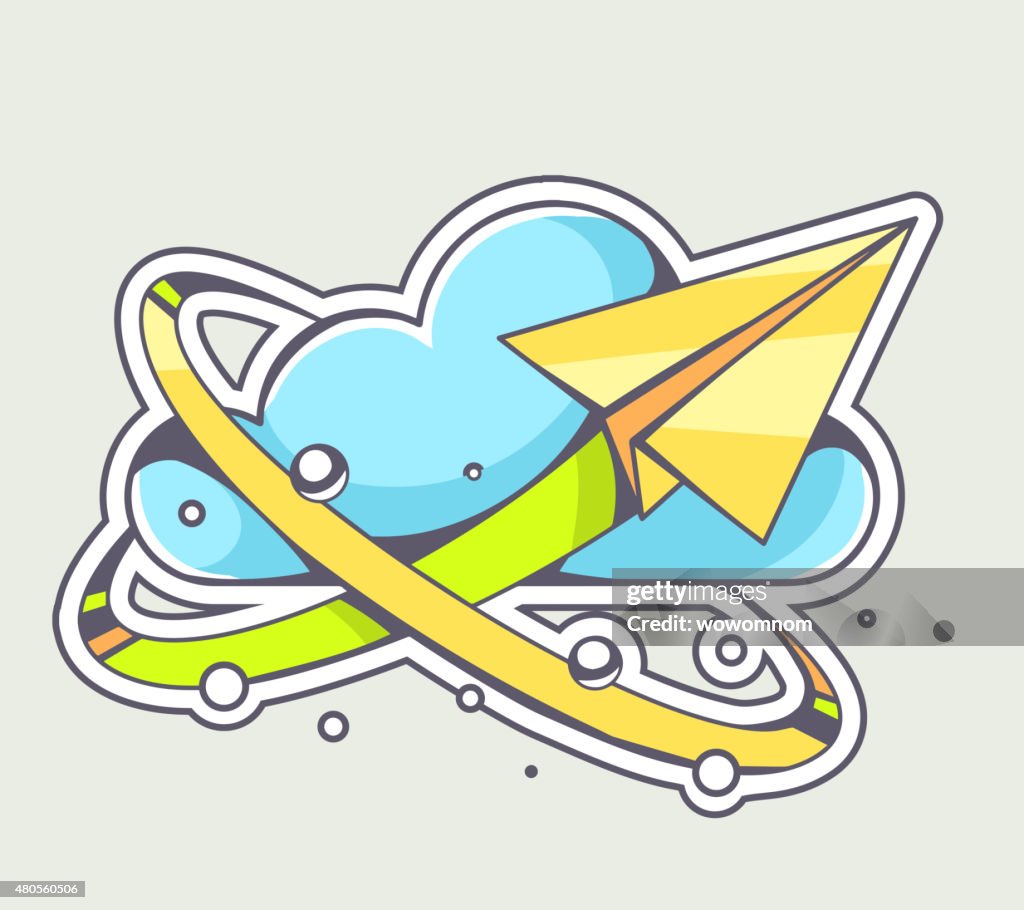 Vector illustration of yellow paper plane flying around cloud