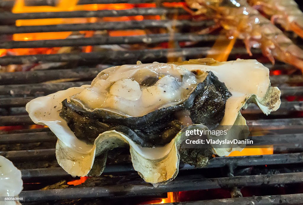 Barbecue Grill cooking seafood.