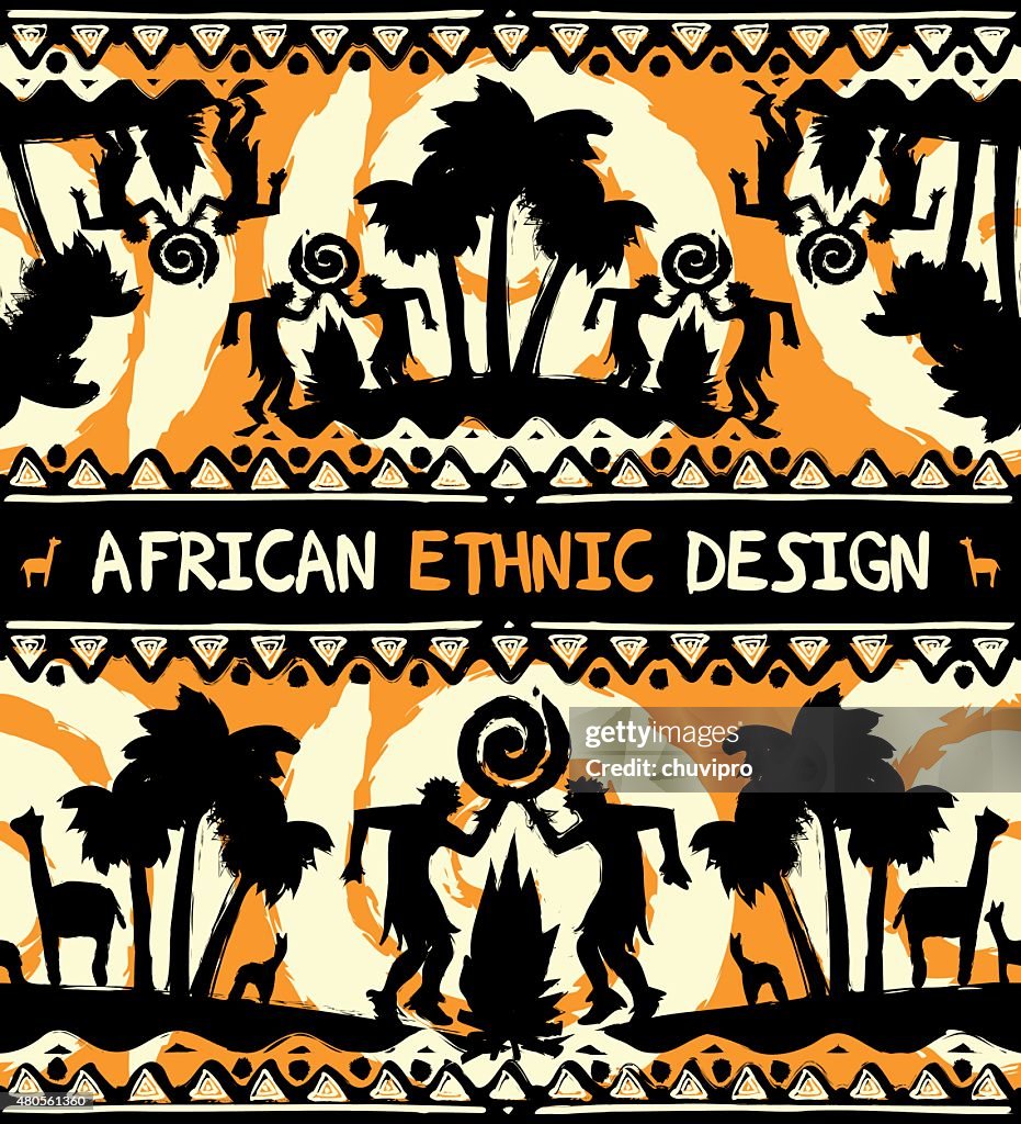 African ethnic design with dancing people and palm trees