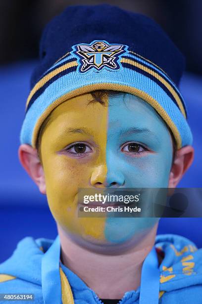 Titans fan during the round 18 NRL match between the Gold Coast Titans and the Manly Sea Eagles at Cbus Super Stadium on July 13, 2015 in Gold Coast,...