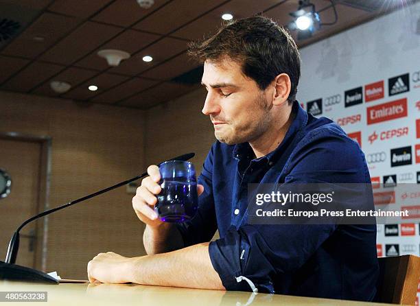 Iker Casillas cries during a farewell press conference at Estadio Santiago Bernabeu on July 12, 2015 in Madrid, Spain. The Spanish goalkeeper leaves...