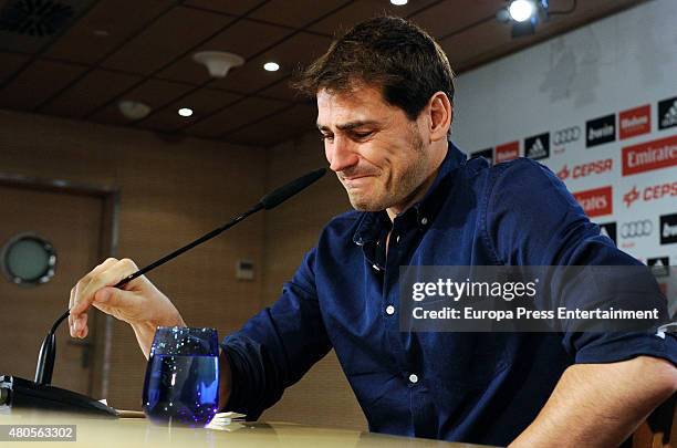 Iker Casillas cries during a farewell press conference at Estadio Santiago Bernabeu on July 12, 2015 in Madrid, Spain. The Spanish goalkeeper leaves...