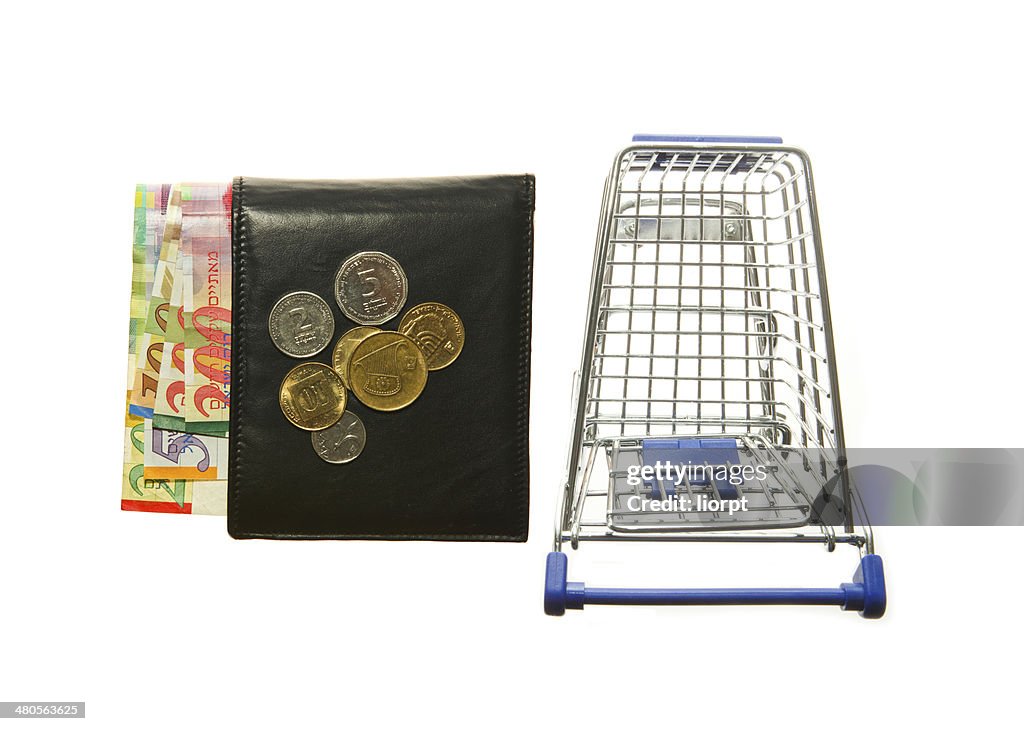 Shopping cart and wallet and Israeli shekels