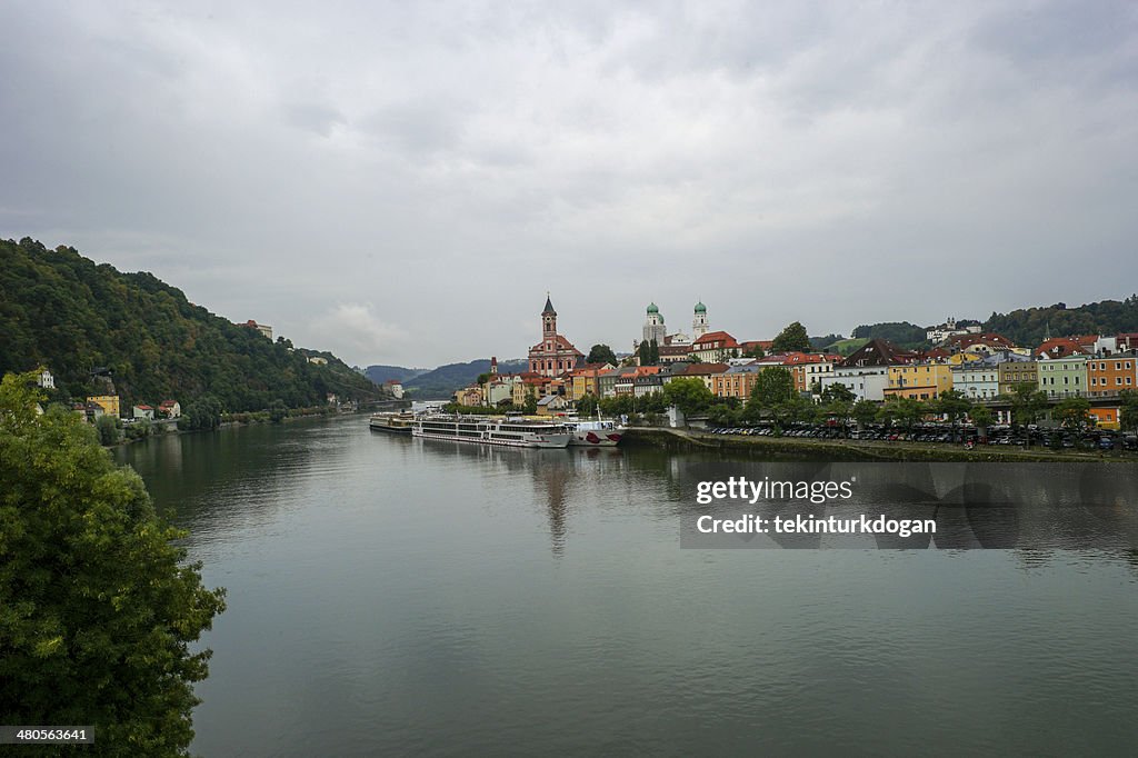 Passenger boats are at danube river coast of passau germany