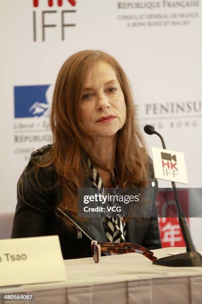 French actress Issbelle Huppert attends a press conference as part of the 38th Hong Kong International Film Festival on March 25, 2014 in Hong Kong,...