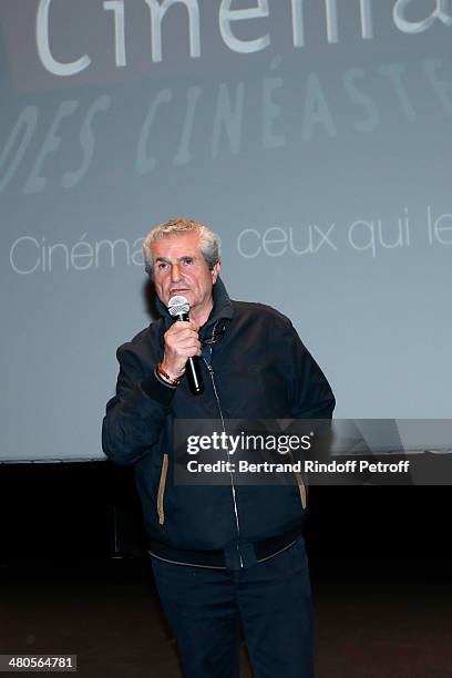 French director Claude Lelouch speaks on stage prior to the private screening of his latest feature film "Salaud, on t'aime" at the Cinema des...