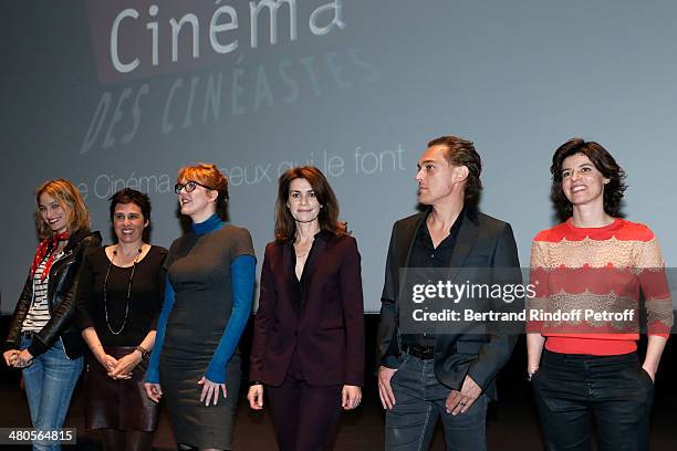 Actresses Pauline Lefevre, Silvia Kahn, Agnes Soral, Valerie Kaprisky, actor Jerome Cachon and actress Irene Jacob appear on stage prior to the...