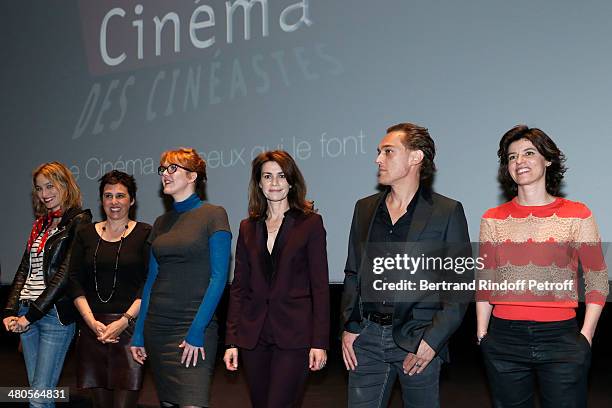 Actresses Pauline Lefevre, Silvia Kahn, Agnes Soral, Valerie Kaprisky, actor Jerome Cachon and actress Irene Jacob appear on stage prior to the...