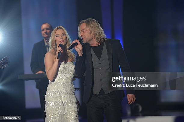 Stefanie Hertel and Muenchener Freiheit performs 'Stefanie Hertel - Die grosse Show der Stars' Show Taping at Jahrhunderthalle on March 25, 2014 in...