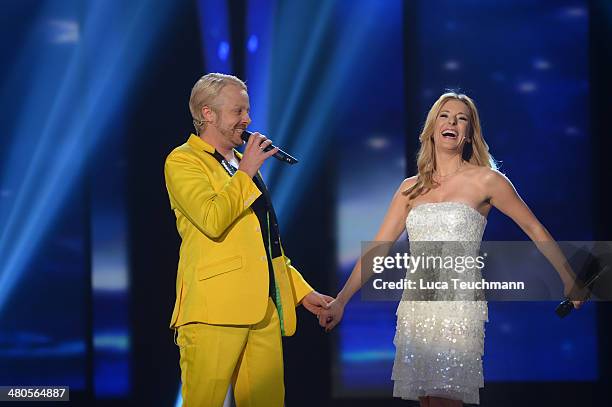 Ross Antony and Stefanie Hertel perform 'Stefanie Hertel - Die grosse Show der Stars' Show Taping at Jahrhunderthalle on March 25, 2014 in Leuna,...