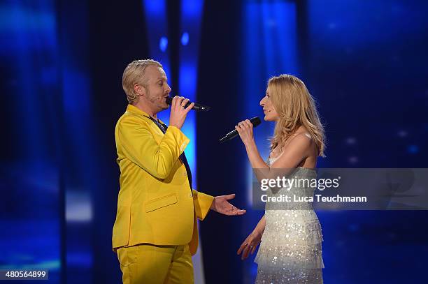 Ross Antony and Stefanie Hertel perform 'Stefanie Hertel - Die grosse Show der Stars' Show Taping at Jahrhunderthalle on March 25, 2014 in Leuna,...