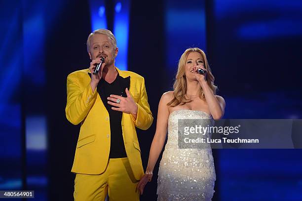 Ross Antony and Stefanie Hertel perform 'Stefanie Hertel - Die grosse Show der Stars' Show Taping at Jahrhunderthalle on March 25, 2014 in Leuna,...