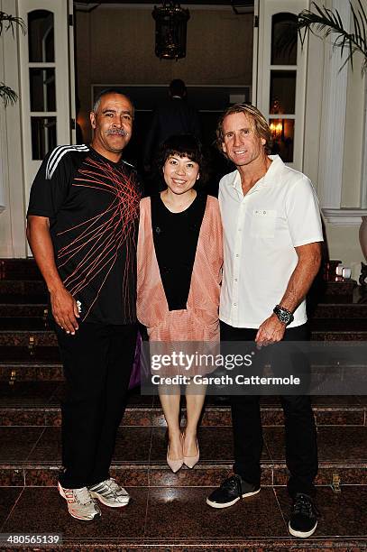 Academy members Daley Thompson, Deng Yaping and Robby Naish attend the Laureus Welcome Party ahead of the 2014 Laureus World Sports Awards at the...