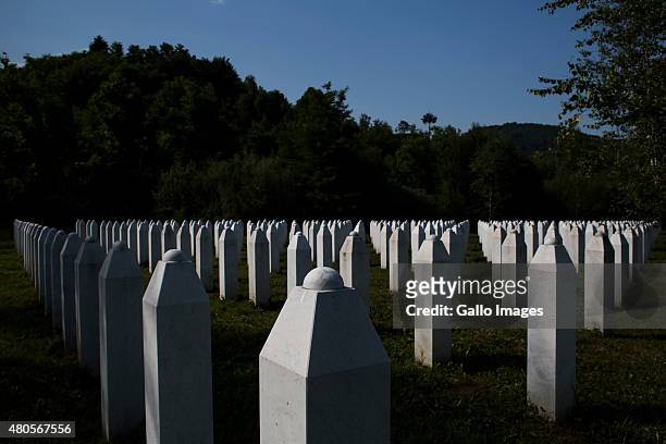 Srebrenica- Potocari Memorial and Cemetery on July 8, 2015 at Potocari, Bosnia. During the 1992-1995 Bosnian War, the town of Srebrenica was declared...