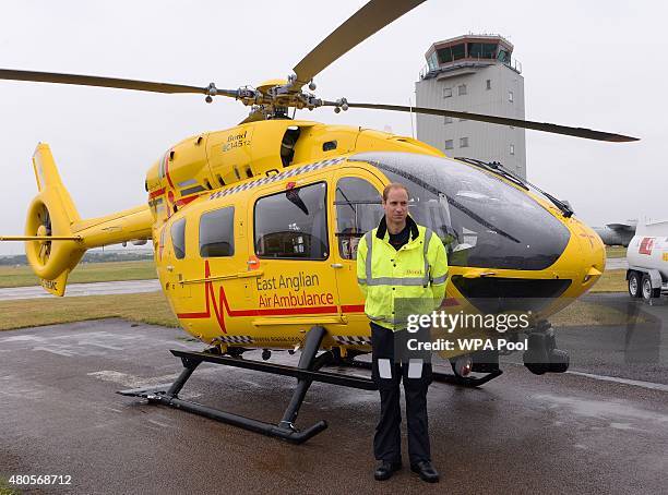 Prince William, The Duke of Cambridge as he begins his new job with the East Anglian Air Ambulance at Cambridge Airport on July 13, 2015 in...