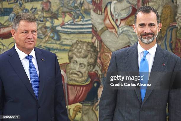 King Felipe VI of Spain receives Romanian President Klaus Werner Iohannis at the Zarzuela Palace on July 13, 2015 in Madrid, Spain.