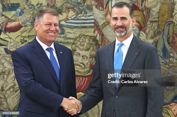 King Felipe VI of Spain receives Romanian President Klaus Werner Iohannis at the Zarzuela Palace on July 13, 2015 in Madrid, Spain.