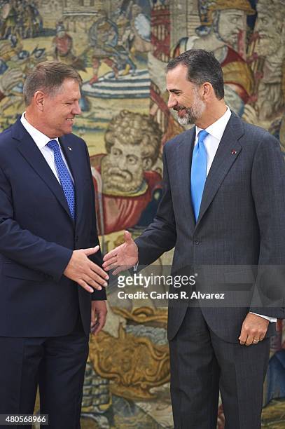 King Felipe VI of Spain receives Romanian President Klaus Werner Iohannis at the Zarzuela Palace on July 13, 2015 in Madrid, Spain.