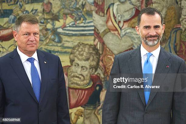 King Felipe VI of Spain receives Romanian President Klaus Werner Iohannis at the Zarzuela Palace on July 13, 2015 in Madrid, Spain.