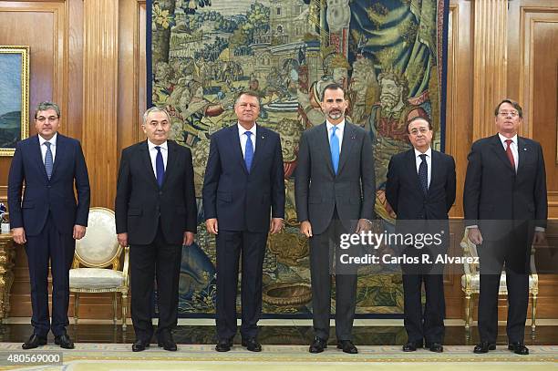 King Felipe VI of Spain receives Romanian President Klaus Werner Iohannis at the Zarzuela Palace on July 13, 2015 in Madrid, Spain.