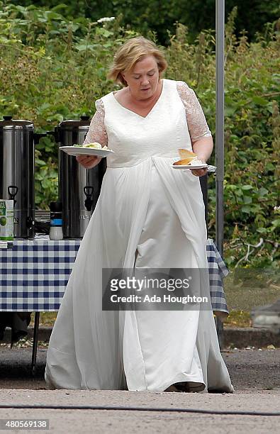 Actress Pauline Quirke is pictured taking a lunch break whilst filming a new comedy drama on July 8, 2015 in London, England.