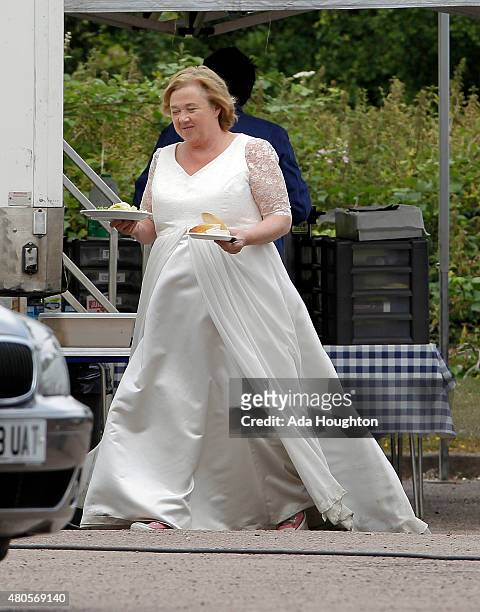 Actress Pauline Quirke is pictured taking a lunch break whilst filming a new comedy drama on July 8, 2015 in London, England.