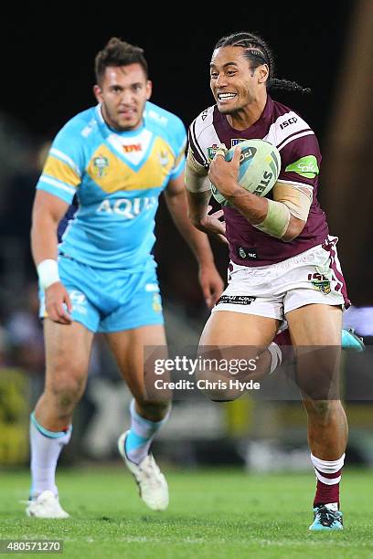 Steve Matai of the Sea Eagles runs the ball during the round 18 NRL match between the Gold Coast Titans and the Manly Sea Eagles at Cbus Super...