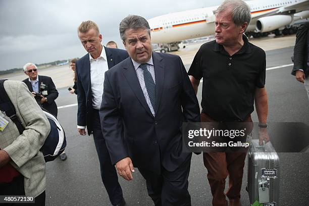 German Vice Chancellor and Economy and Energy Minister Sigmar Gabriel arrives to speak to the media about the just-passed Greece aid package before...